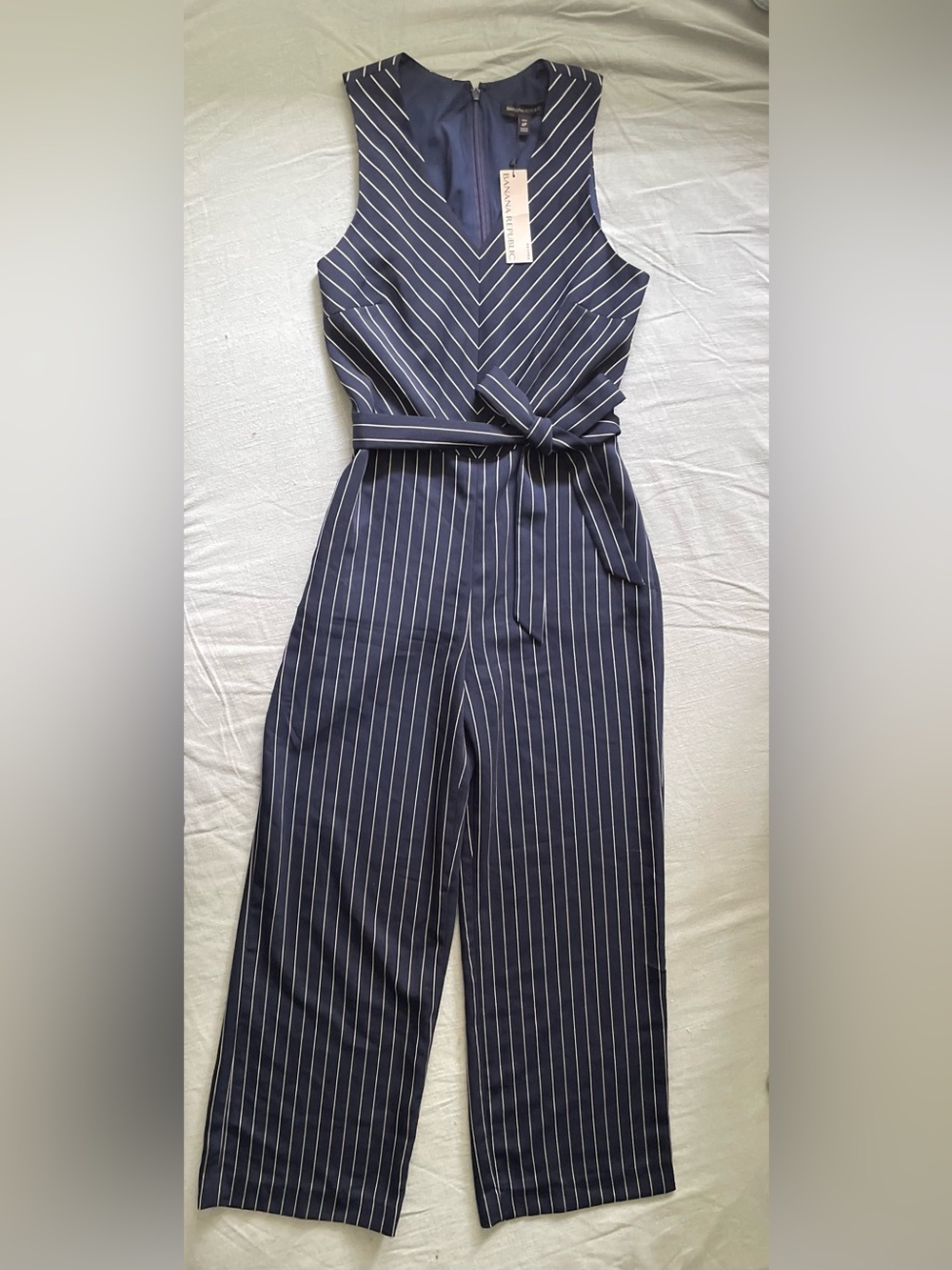 NWT Banana Republic Navy and White Pinstripe V-neck Jumpsuit with Waist Tie